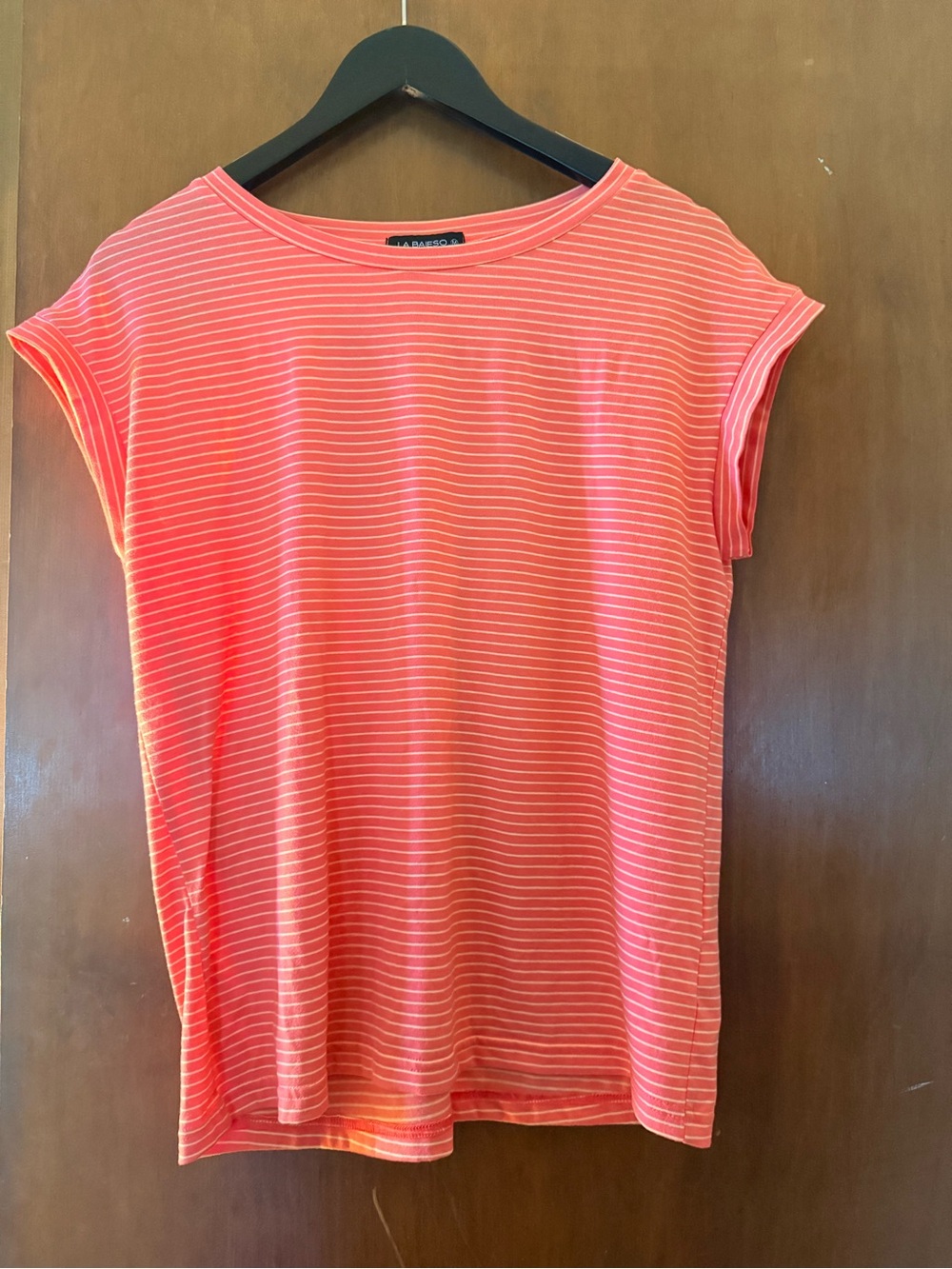 La Baieso Coral and White Striped Cap Sleeve Tee